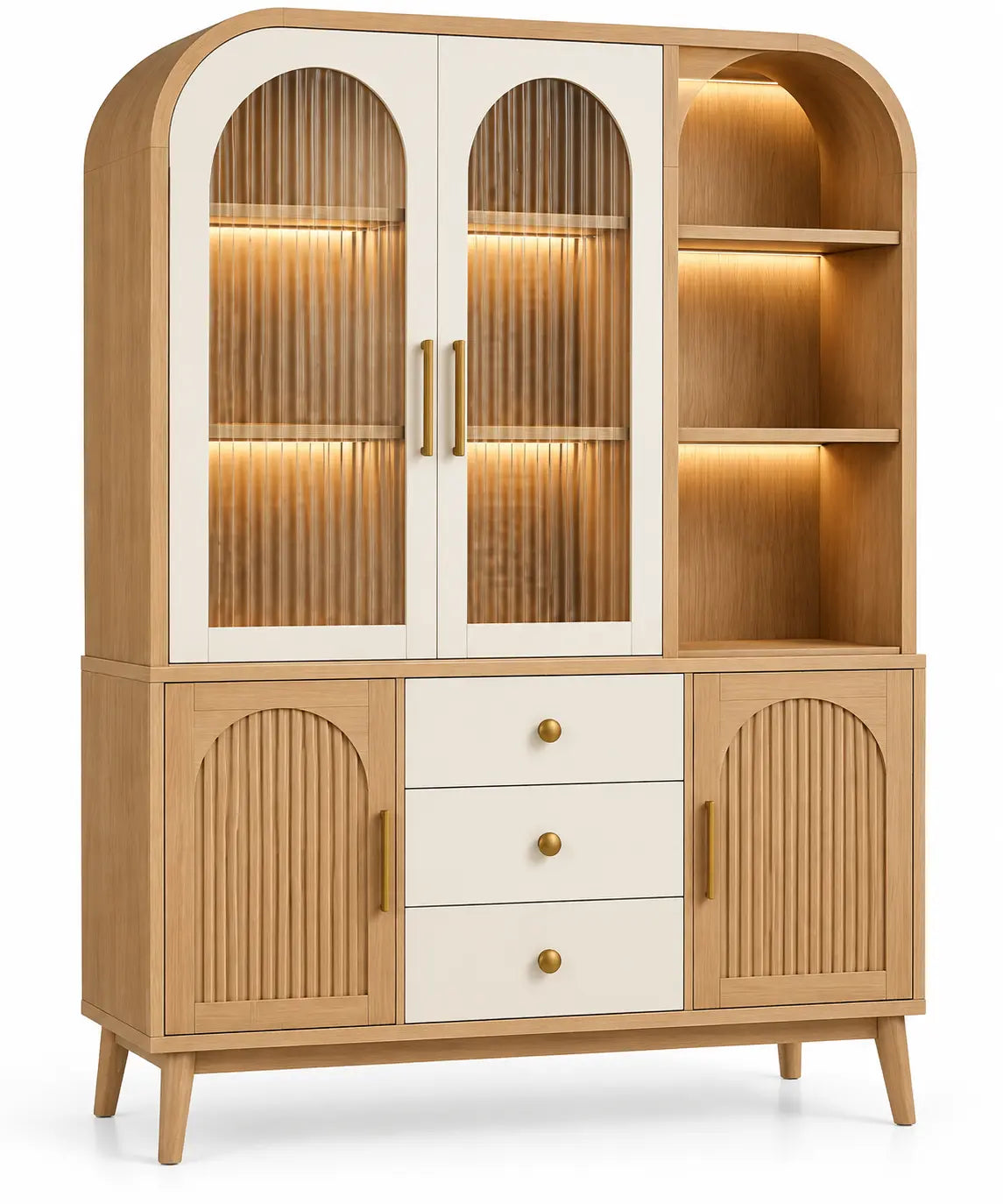 Vetrina, ante vetrate ad arco e cassetti inferiori, marrone/beige