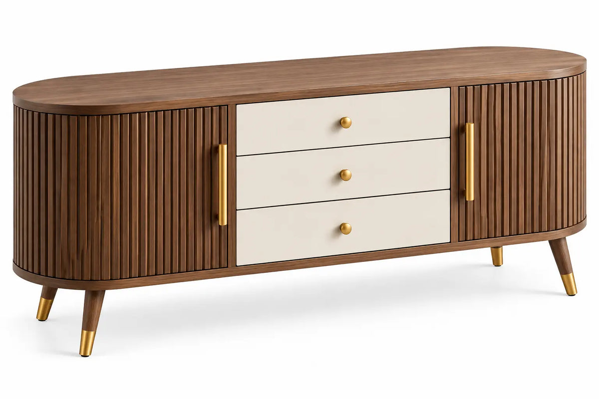 Credenza, ante scanalate e tre cassetti centrali, marrone/beige
