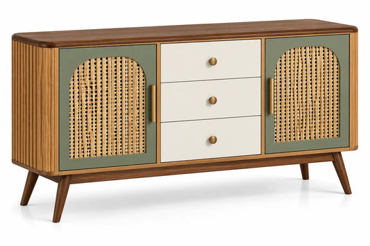 Credenza, ante intrecciate e tre cassetti centrali, marrone/verde/beige