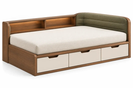 Panca, schienale angolare e cassetti inferiori, marrone/beige/verde