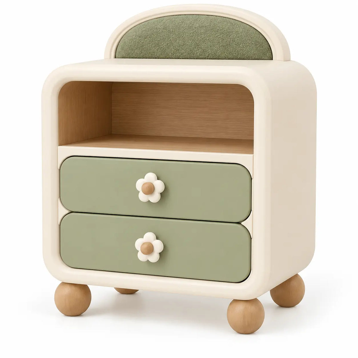 Comodino, due cassetti con pomelli a fiore, beige/verde/marrone