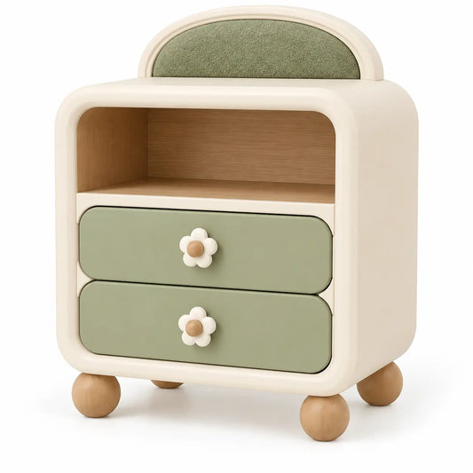 Comodino, due cassetti con pomelli a fiore, beige/verde/marrone