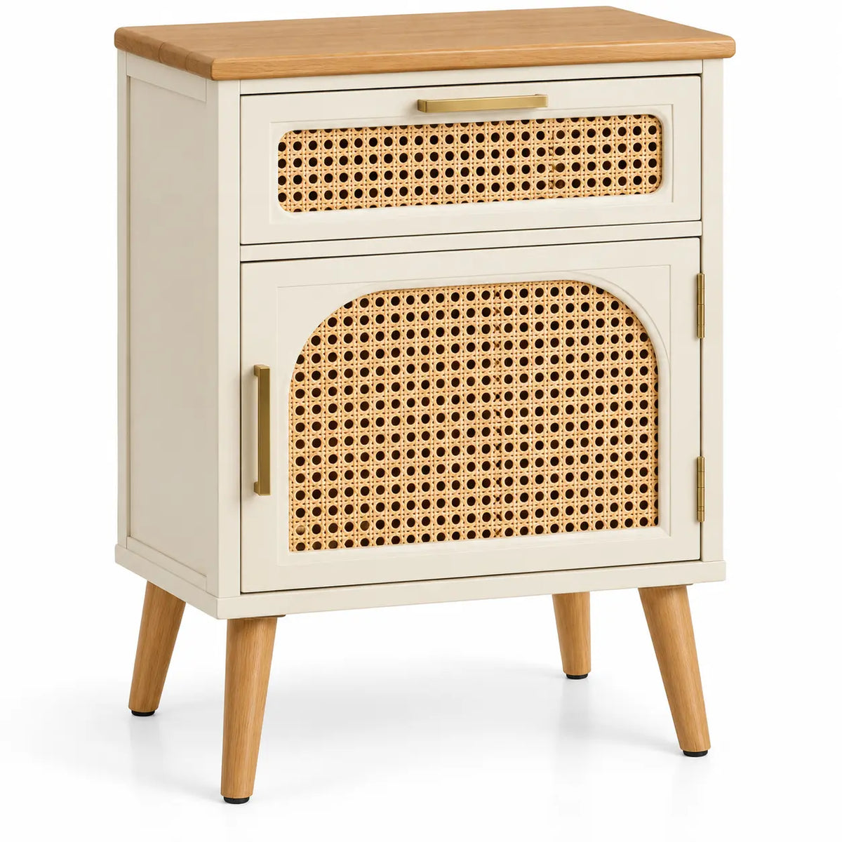 Comodino, cassetto superiore e anta intrecciata, beige/marrone