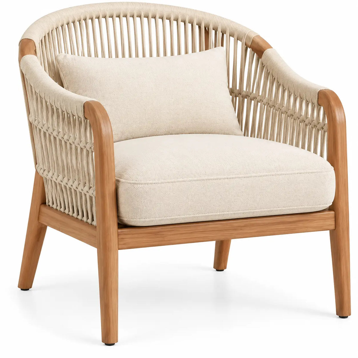 Poltrona, schienale a listelli e cuscini imbottiti, marrone/beige