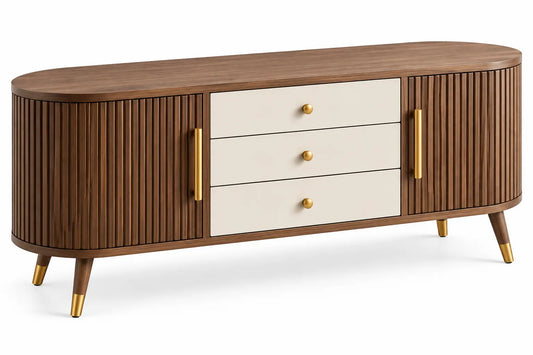 Credenza, ante scanalate e tre cassetti centrali, marrone/beige